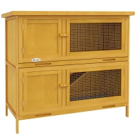 PawHut Conigliera a 2 Livelli in Legno di Abete e Bitume con Rampa, 2 Vassoi Estraibili 4 Porte, 97x44x91 cm, Giallo(m-1)