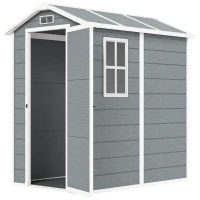Outsunny Gartenschuppen, Kunststoff-Gartenhaus mit Boden, Fenster, verschließbare Türen, für Garten, 131B x 186T x 198H cm, Grau(m-1)