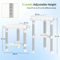 HOMCOM Shower Stool, Aluminium Alloy Corner Shower Chair with Storage Shelf and HDPE Seat, Adjustable Height, White(m-3)