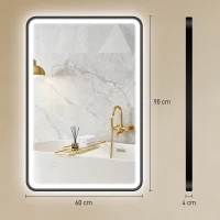 HOMCOM 90 x 60 cm LED-Badezimmerspiegel, Lichter, 3 Farben, dimmbar, Memory-Funktion, horizontal und vertikal, Schwarz(m-3)