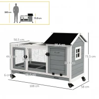 PawHut Clapier cage à lapins rongeurs sur roulettes 2 portes verrouillables - dim. 108L x 58l x 73,5H cm - bois massif(m-3)