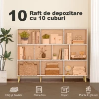 HOMCOM Bibliotecă cu 10 Cuburi, 3 Polițe, Picioare din Lemn Masiv, Alb cu Efect de Lemn, Albă(m-4)