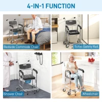 HOMCOM Transport Beside Shower Chair, 3-in-1 Commode Chair with Wheels and Padded Seat, Black(m-4)