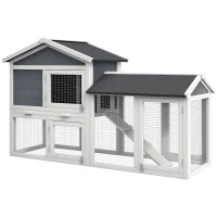 PawHut Kleintierstall mit Freilauf, Tannenholz, 147 x 54 x 84 cm, Grau(m-12)