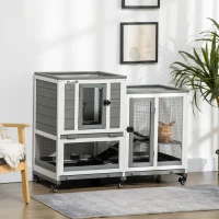 PawHut Clapier lapin intérieur cage lapin en bois design de luxe 3 niveaux avec 3 plateaux amovibles 110 x 50 x 86 cm gris(m-10)