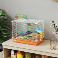 PawHut Cage à Hamster Rongeur 2 Niveaux avec Tunnel, Biberon d'Eau, Roue, Maisonnette, Échelles, 46 x 30 x 37 cm, Orange(m-2)