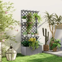 Outsunny 52L Wooden Planter, with Trellis and Shelves - Grey(m-10)