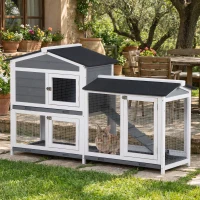 PawHut Hasenstall Kaninchenstall mit Freilaufgehege Rampe Kleintierstall aus Holz mit 2 Etagen Bodenwanne 157,4x53x93,5cm Grau(m-2)