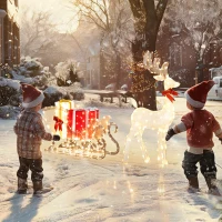 Outsunny Beleuchtetes Weihnachtsrentier mit Schlitten, warmweiße LEDs, Stahlrahmen, wasserfest, Goldfarben(m-8)