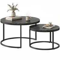 HOMCOM Modernes Kaffeetisch 2er-Set, Stapelbare Beistelltische mit Metallgestell für Wohnzimmer, Schlafzimmer, Büro, Schwarz(m-11)
