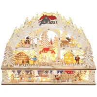 HOMCOM Weihnachtsdorf mit LED-Leuchtung, 45 cm Weihnachtsstadt mit Schneemann, Renntier und Bäume Naturholz(m-12)