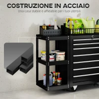 HOMCOM Carrello Portautensili in Acciaio con 7 Cassetti, Mensola Laterale Staccabile, Ruote, Capacità 120kg, Nero(m-6)
