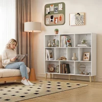 HOMCOM Bibliotecă cu 10 Cuburi, 3 Polițe, Picioare din Lemn Masiv, Alb cu Efect de Lemn, Albă(m-9)