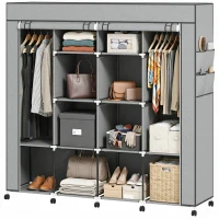 HOMCOM Dulap Textil Portabil in Material Nețesut și Oțel, cu Roți, 10 Compartimente și 2 Bare pentru Umerașe, Gri Închis(m-11)
