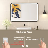 HOMCOM 90 x 60 cm LED-Badezimmerspiegel, Lichter, 3 Farben, dimmbar, Memory-Funktion, horizontal und vertikal, Schwarz(m-8)