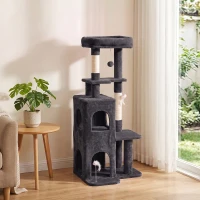PawHut Arbre à Chat 4 Niveaux 132 cm, Niche, Lit, Plateforme, Poteaux à Griffer en Sisal, Jouets Suspendus, Gris Foncé(m-2)