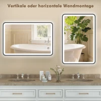 HOMCOM 90 x 60 cm LED-Badezimmerspiegel, Lichter, 3 Farben, dimmbar, Memory-Funktion, horizontal und vertikal, Schwarz(m-9)