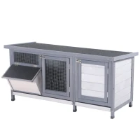PawHut Coelheira de Madeira Gaiola para Coelhos com Telhado Asfáltico Rebatível Portas com Fecho Bandejas Removíveis 112x50x54 cm Cinzento(m-11)