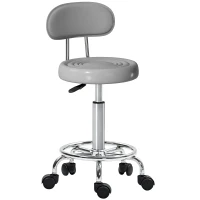 HOMCOM Rollhocker, Drehbarer und verstellbarer Hocker mit Rückenlehne, Kunstlederbezug, Fußstütze, für Frisiertische, Grau(m-11)