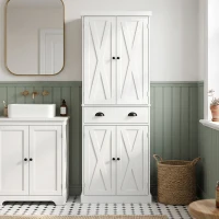 HOMCOM Armário Alto de Cozinha Armário de Cozinha com 4 Portas Gaveta e Prateleiras Ajustáveis Estilo Rústico 62x38x173 cm Branco(m-4)