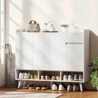 HOMCOM Schuhschrank mit grifflosem Design, 4 Türen, 4 verstellbare Regale, freistehendes Schuhregal mit 5 Holzbeinen, Holz, Weiß(m-10)