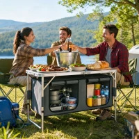 Outsunny Tavolino da Campeggio Picnic con Base per Cibi e Bevande Altezza Regolabile Pieghevole Alluminio, Legno 120x47x55/62/68cm(m-10)