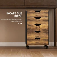 HOMCOM Comodă de Birou cu 5 Sertare și Roți Pivotante cu Frâne, 40x40x67 cm, Maro Rustic(m-6)
