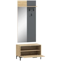 HOMCOM Garderobenset für Eingangsbereich, Schuhbank, Spiegel, 3 Haken, Offenes Regal, Flurmöbel, Naturholz+Grau(m-1)