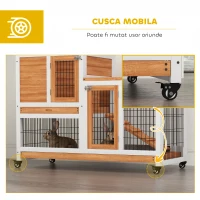 PawHut Cușcă pentru Iepuri din Lemn de Brad cu Roți, Tăvi Detașabile și Căsuță cu Rampă, 110x50x88 cm, Gri și Alb(m-7)