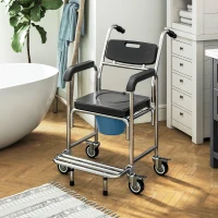 HOMCOM Transport Beside Shower Chair, 3-in-1 Commode Chair with Wheels and Padded Seat, Black(m-10)