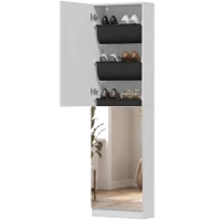 HOMCOM Dulap pentru Pantofi cu Oglindă, Uși Reversibile cu 5 Rafturi din Material Textil, 50 x 20 x 180 cm, Alb(m-12)
