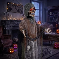 HOMCOM Animierter Sensenmann, 170 cm, lebensgroße Halloween-Animatronic mit beweglichen Händen/Kopf, leuchtenden Augen und Gruselsound(m-8)