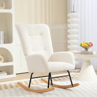 HOMCOM Fauteuil à bascule en tissu effet laine bouclée avec pieds en bois massif d'hévéa pour chambre, salon, crème(m-2)