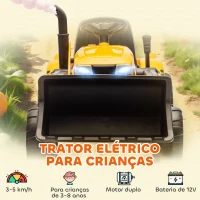 AIYAPLAY Trator Elétrico para Crianças com Reboque e Pá 12V Motor Duplo Luzes Música Conexão Sem Fios USB 146x58x58,5 cm Amarelo(m-4)