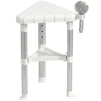 HOMCOM Shower Stool, Aluminium Alloy Corner Shower Chair with Storage Shelf and HDPE Seat, Adjustable Height, White(m-15)
