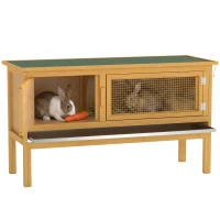 PawHut Hasenstall Kaninchenstall aus Holz mit aufklappbarem Dach, 2 Türen, auslaufsicherer Schale, 115x44,3x65 cm Hellgelb(m-12)