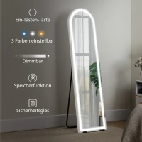 HOMCOM Ganzkörperspiegel mit LED-Lichtern, 150 x 40 cm, bogenförmig, dimmbar, 3 Lichtfarben, freistehend oder Wandmontage, Weiß(m-7)