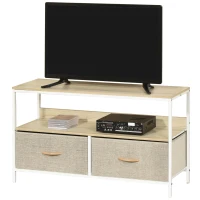 HOMCOM Mueble de TV con Estante y 2 Cajones de Tela Plegables para Televisores hasta 47 Pulgadas Largo de 98 cm Natural y Gris(m-7)