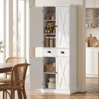 HOMCOM Hoher Küchenschrank, Küchenschrank mit 4 Türen, Schublade und verstellbaren Regalen, rustikaler Stil, 62x38x173cm, Weiß(m-2)