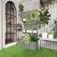 Outsunny 52L Wooden Planter, with Trellis and Shelves - Grey(m-2)