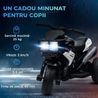 HOMCOM Motocicletă Electrică pentru Copii 3-5 Ani, max. 25 kg, 3 Roți, Lumini și Sunete, Baterie 6V, Negru, 86x42x52 cm(m-7)