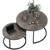 HOMCOM 2er-Set runde Couchtische, stapelbare Beistelltische mit Metallrahmen, Wohnzimmertisch in Marmoroptik, Kaffeetisch, Grau(m-12)