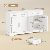 HOMCOM Küchen-Sideboard mit Schubladen, Türen, höhenverstellbaren Regalen, Shaker-Design, Anti-Kipp-Vorrichtung, 140x38x80cm, Weiß(m-3)