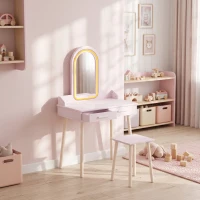 AIYAPLAY Conjunto Tocador Infantil com Banquinho, Espelho em Acrílico, LED 3 Cores, 2 Gavetas, 3-8 Anos, Rosa(m-3)