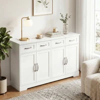 HOMCOM Küchen-Sideboard mit Schubladen, Türen, höhenverstellbaren Regalen, Shaker-Design, Anti-Kipp-Vorrichtung, 140x38x80cm, Weiß(m-5)