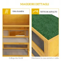 PawHut Conigliera a 2 Livelli in Legno di Abete e Bitume con Rampa, 2 Vassoi Estraibili 4 Porte, 97x44x91 cm, Giallo(m-7)