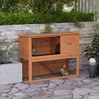 PawHut Clapier à lapin en bois 2 étages avec 3 portes plateau coulissant rampe toit bitumé 120 x 50 x 92 cm orange(m-10)