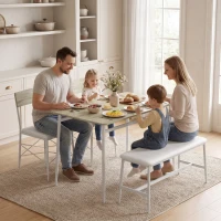 HOMCOM Set masă pentru sufragerie cu 2 scaune și banc, șezuturi căptușite, pentru living, spații mici, stejar și alb(m-5)