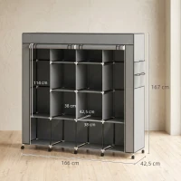 HOMCOM Armario de Tela Portátil con Ruedas 10 Compartimentos 2 Barras para Colgar Estructura de Acero Gris Oscuro(m-3)
