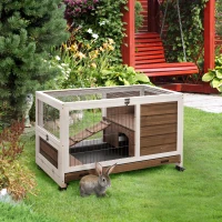 PawHut Clapier à lapin sur roulettes 2 étages porte verrouillable toit ouvrant plateau coulissant rampe marron blanc(m-10)